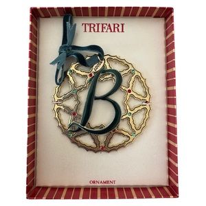 Trifari Gold Christmas Ornament w/ Red & Green Rhinestones Enamel “B” Monogram